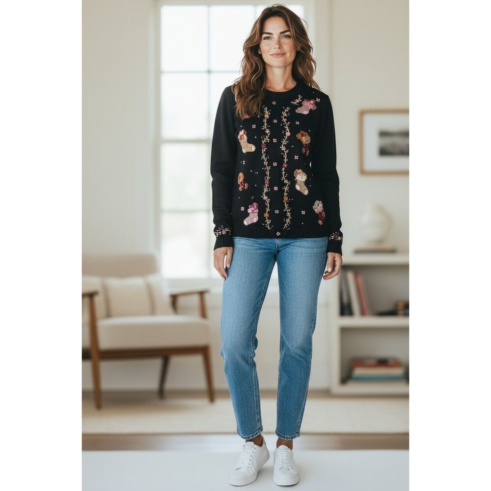 BP Designs Women's Cardigan Black Beaded and Embellished Holiday Sweater